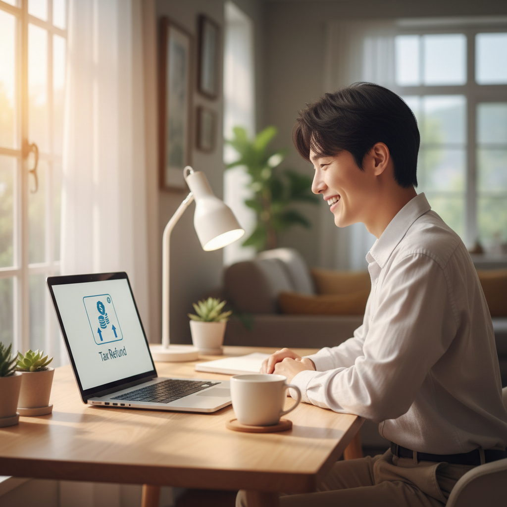 photorealistic professional photography, landscape 16:9, a smiling Korean person sitting at a bright modern desk looking