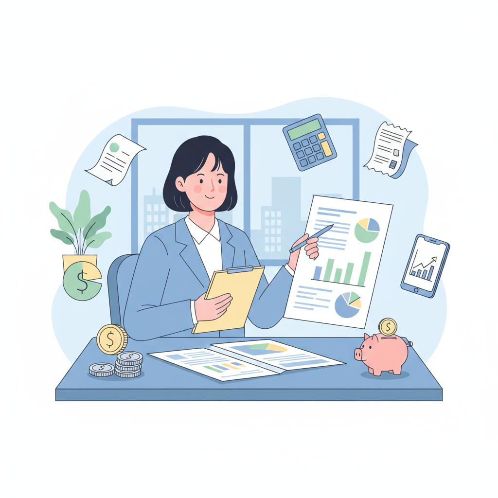 clean flat vector illustration, landscape 16:9, Korean office worker reviewing financial documents and a checklist on a
