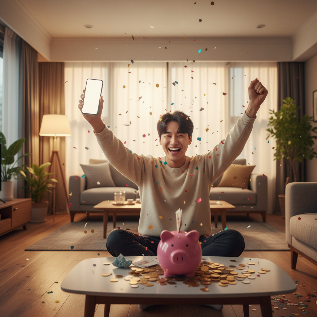 photorealistic professional photography, landscape 16:9, a cheerful Korean person celebrating at home holding a smartpho
