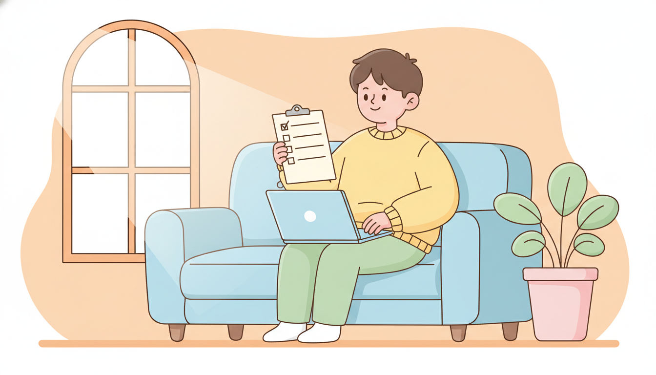 청년 주거지원 신청 방법을 노트북으로 완료하고 체크리스트를 확인하는 청년 일러스트