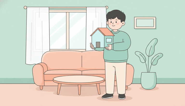 주거안정 월세대출 소개 - 작은 집 모형을 들고 웃는 청년 캐릭터