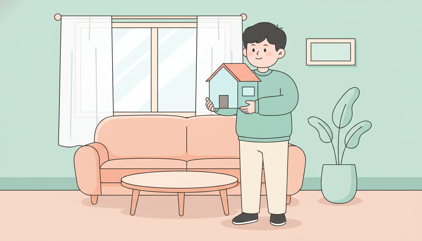 주거안정 월세대출 소개 - 작은 집 모형을 들고 웃는 청년 캐릭터