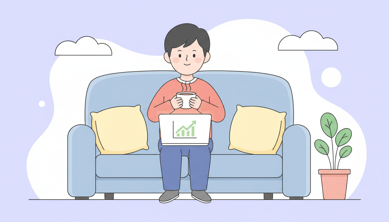미국 배당주 추천 종목을 검토하며 여유롭게 투자하는 캐릭터 일러스트