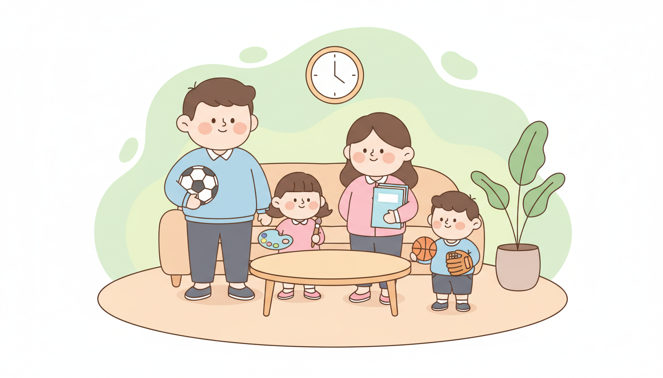 예체능 학원비 지원 제도를 소개하는 따뜻한 한국 가족 일러스트
